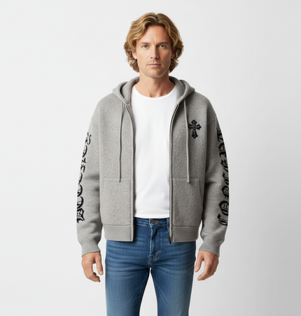 Letter Jacquard Knit Hoodie – Loose Fit