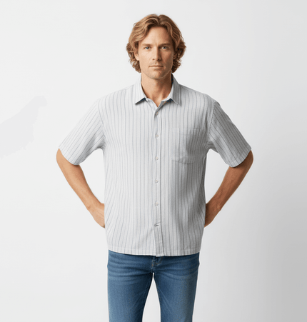 Patch Striped Short Sleeve Shirt - Loose Fit on a model, featuring a loose silhouette and patch striped pattern.