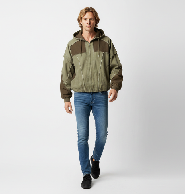 Patchwork Distressed Hooded Jacket