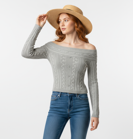 Off-Shoulder Twists Slim Knit Sweater