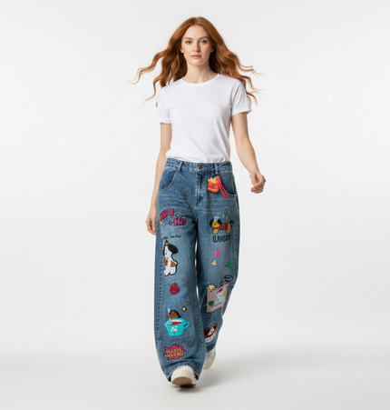 Cartoon Patch College Denim Pants