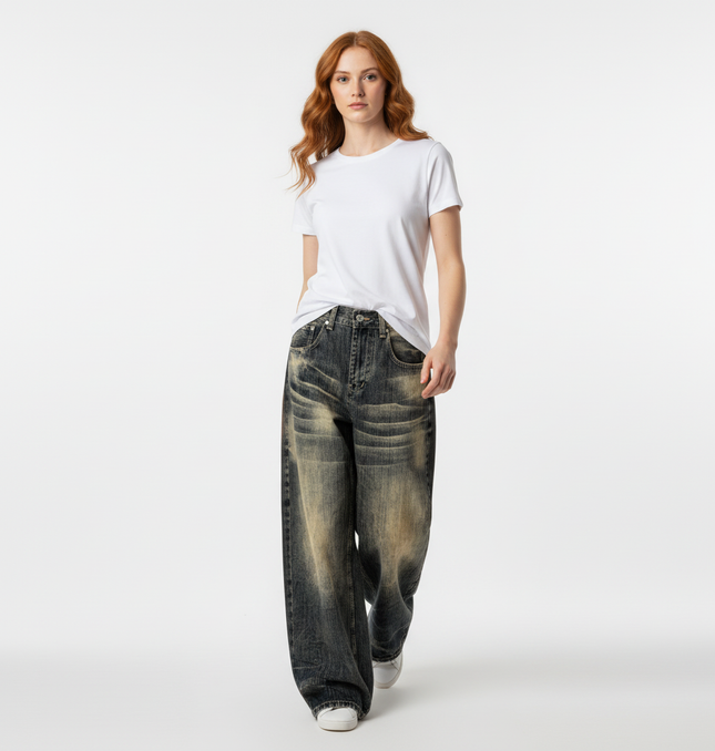 Bamboo Texture Denim Pants - Loose Fit