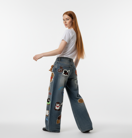 Vintage Washed Cartoon Embroidered Jeans