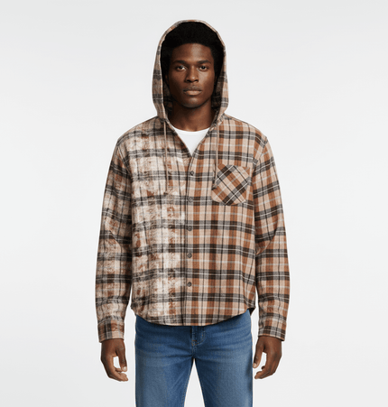 Checkered Hooded Plaid Shirt – Loose Fit modeled by a man in a stylish plaid shirt with a hood.