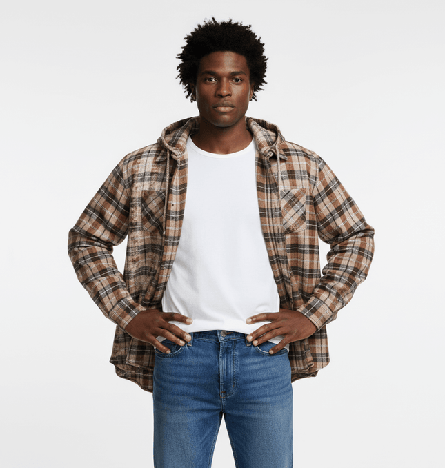 Checkered Hooded Plaid Shirt – Loose Fit on a model, showcasing its stylish design and relaxed fit.