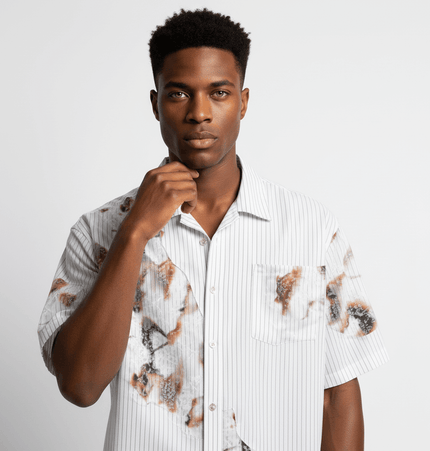 Flame Lace Patchwork Shirt – Loose Fit model wearing a unique layered shirt with bold design and flip collar.