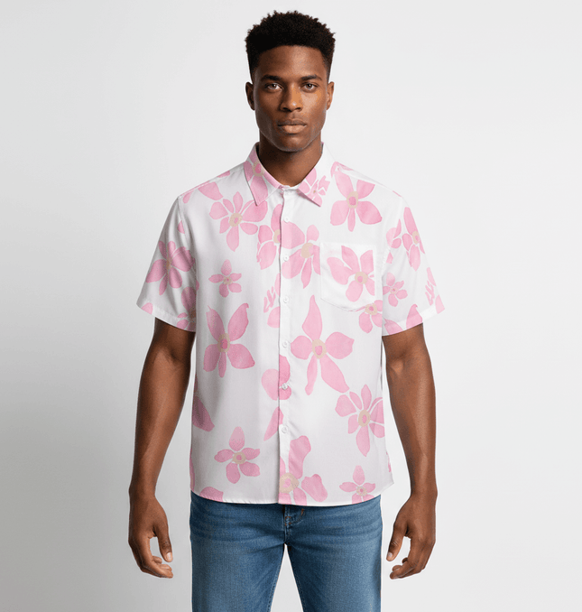 Pink Floral Short Sleeve Shirt – Loose Fit worn by a model, showcasing a pink and white floral design.