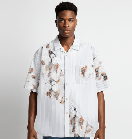 Flame Lace Patchwork Shirt – Loose Fit modeled by a man showcasing bold patchwork design and relaxed fit.