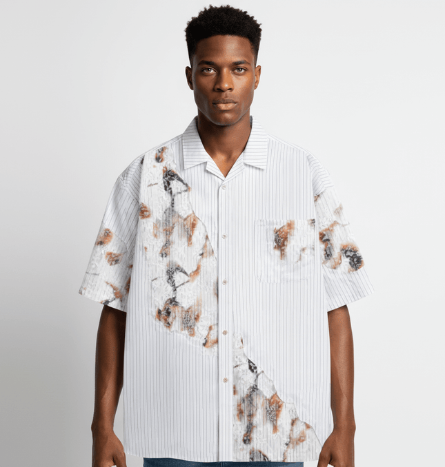 Flame Lace Patchwork Shirt – Loose Fit modeled by a man showcasing bold patchwork design and relaxed fit.