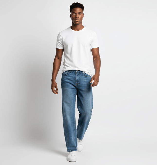 Model wearing Washed Micro Flared Jeans – Loose Fit with a white t-shirt, showcasing a casual streetwear style.