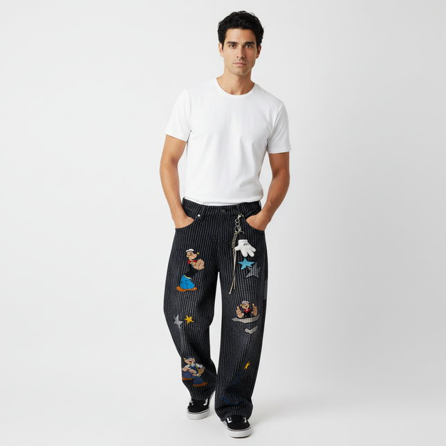Retro Striped Embroidery Trousers - Loose Fit