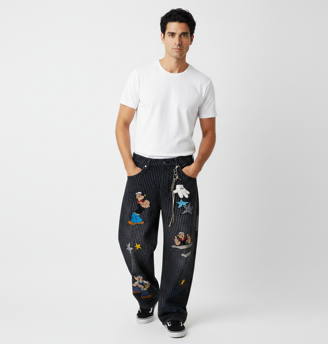 Retro Striped Embroidery Trousers - Loose Fit