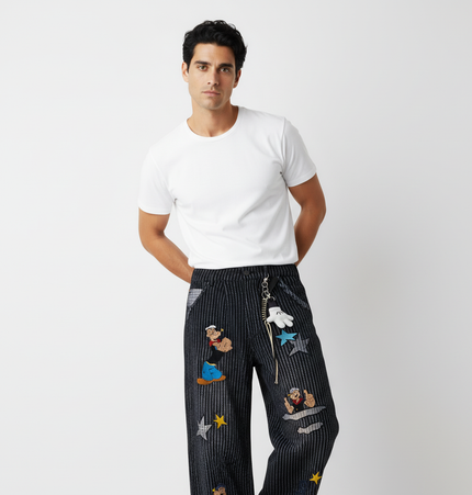Retro Striped Embroidery Trousers - Loose Fit