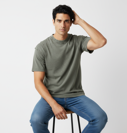 Washed Spliced Distressed TShirt – Loose Fit
