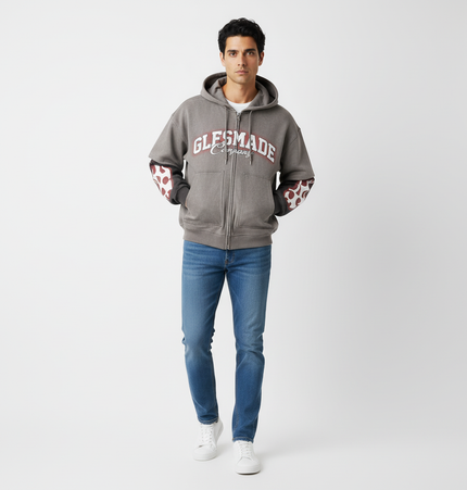 Faux Suede Print Zip-Up Hoodie – Loose Fit