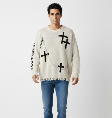 Cross Jacquard Knit Sweater – Loose Fit