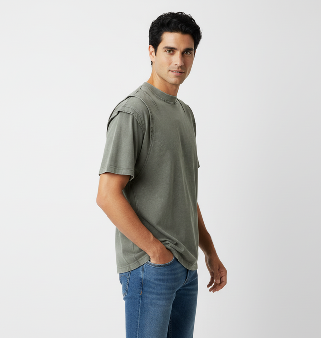 Washed Spliced Distressed TShirt – Loose Fit