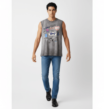 Cartoon Print Cotton Tank Top – Loose Fit displayed on a model with casual jeans and trendy appearance.