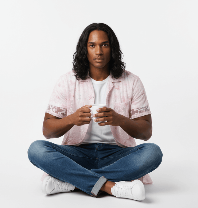 Model wearing a Butterfly Jacquard Printed Shirt, sitting cross-legged and holding a mug, showcasing its retro style.