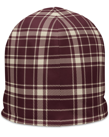Heritage Tartan Beanie in bordeaux and bone tartan, back view