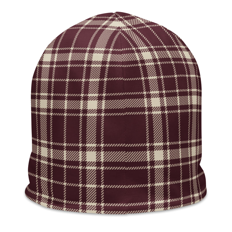 Heritage Tartan Beanie in bordeaux and bone tartan, back view