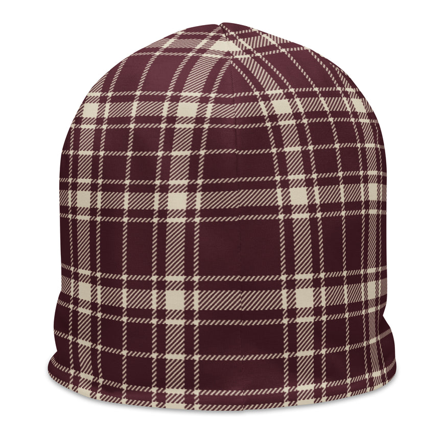 Heritage Tartan Beanie in bordeaux and bone tartan, back view