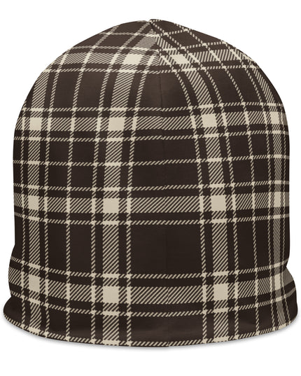 Heritage Tartan Beanie in cocoa brown and bone tartan, back view