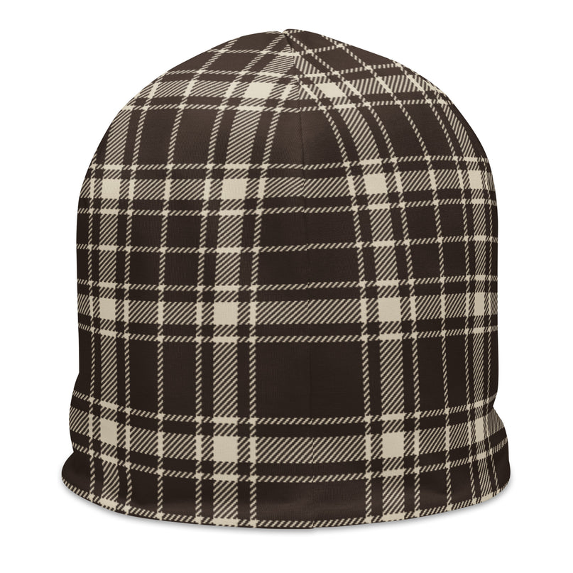 Heritage Tartan Beanie in cocoa brown and bone tartan, back view