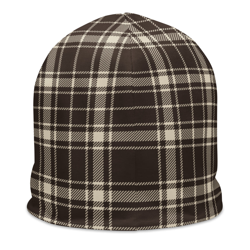 Heritage Tartan Beanie in cocoa brown and bone tartan, back view