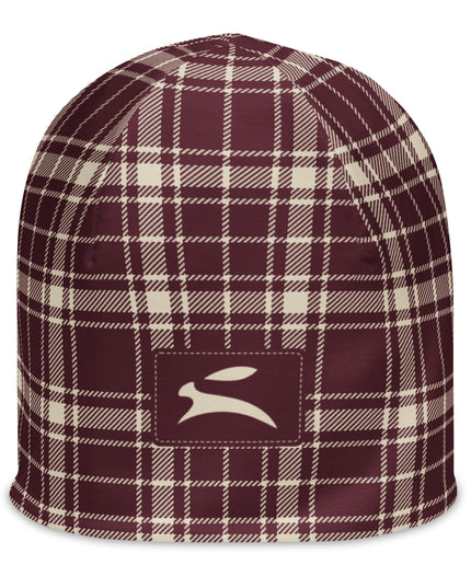Heritage Tartan Beanie in bordeaux and bone tartan, front view with the Grozavu hare patch
