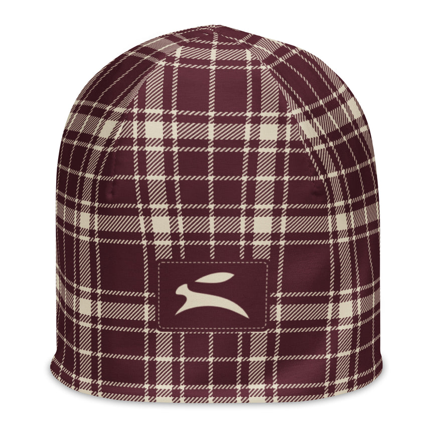 Heritage Tartan Beanie in bordeaux and bone tartan, front view with the Grozavu hare patch
