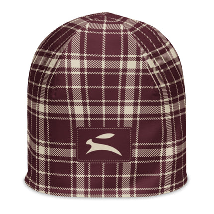 Heritage Tartan Beanie in bordeaux and bone tartan, front view with the Grozavu hare patch