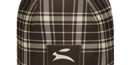 Heritage Tartan Beanie in cocoa brown and bone tartan, front view with the Grozavu hare patch