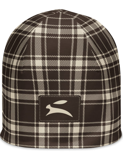 Heritage Tartan Beanie in cocoa brown and bone tartan, front view with the Grozavu hare patch