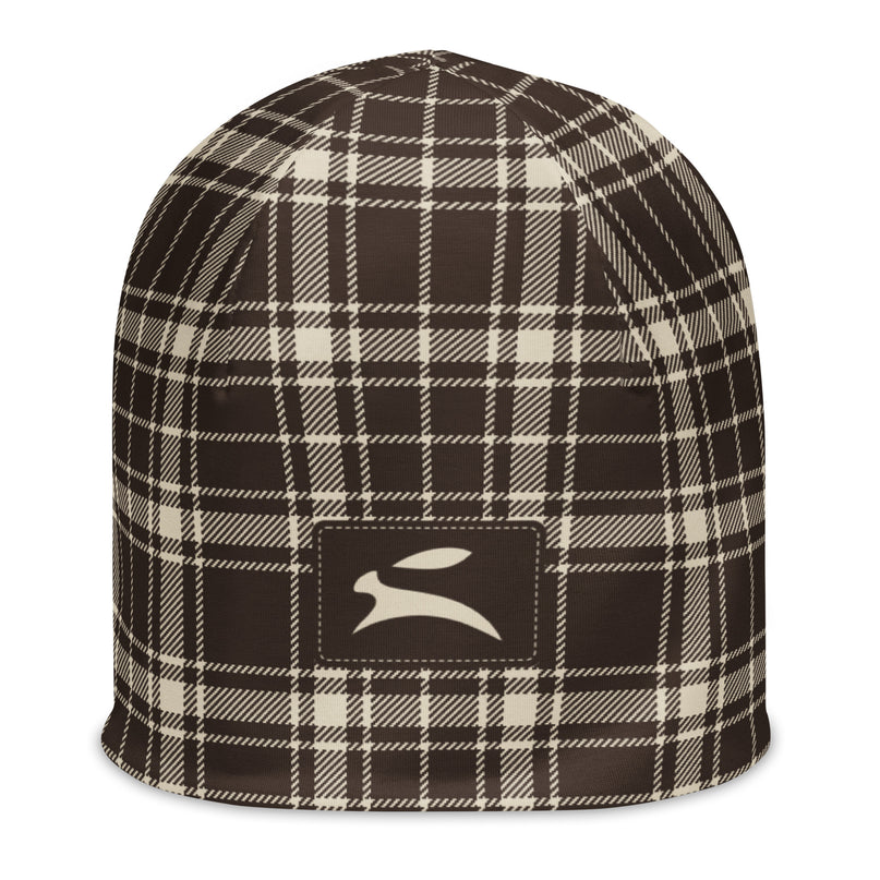 Heritage Tartan Beanie in cocoa brown and bone tartan, front view with the Grozavu hare patch