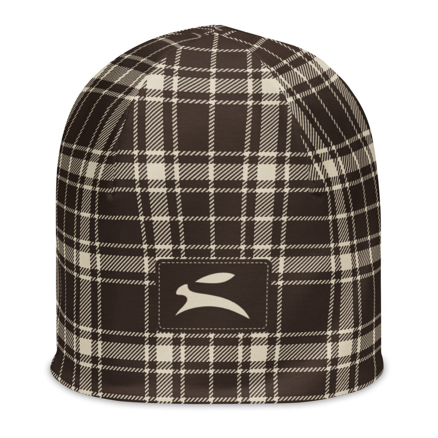 Heritage Tartan Beanie in cocoa brown and bone tartan, front view with the Grozavu hare patch