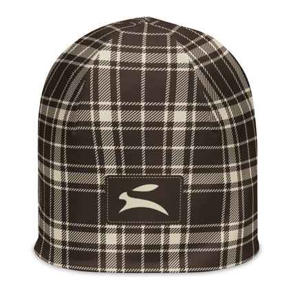 Heritage Tartan Beanie in cocoa brown and bone tartan, front view with the Grozavu hare patch
