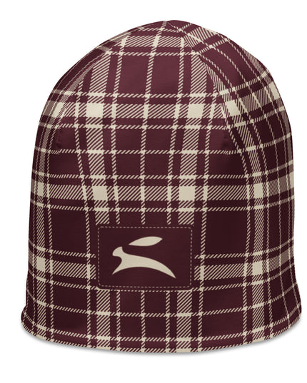 Heritage Tartan Beanie in bordeaux and bone tartan, three-quarter view from the left with the hare patch