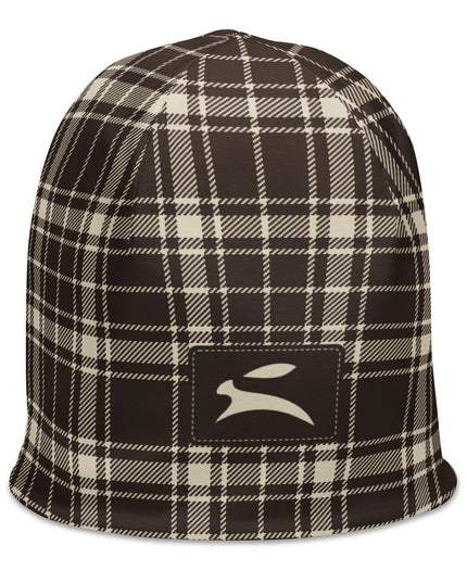 Heritage Tartan Beanie in cocoa brown and bone tartan, three-quarter view from the right