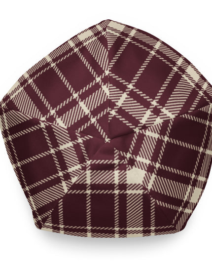 Heritage Tartan Beanie in bordeaux and bone tartan, top view of the crown
