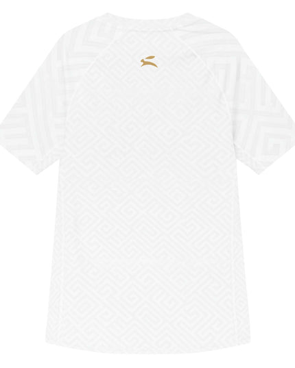 Maison Grozavu Artisanal Monochrome Base Layer — rear view showing the back panel construction and White colourway hemline detail