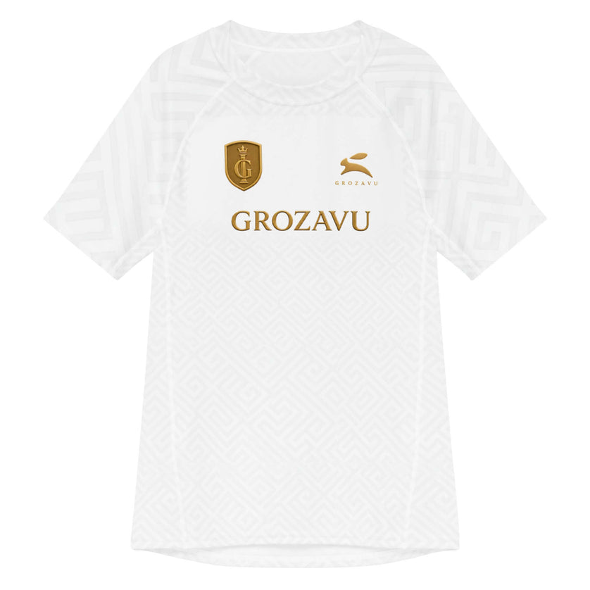 Maison Grozavu Artisanal Monochrome Base Layer in White — front view showing the clean construction and premium fabric drape