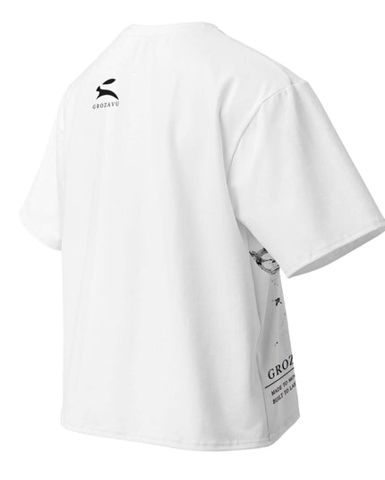 Maison Grozavu Quiet Alabaster Tee — rear view showing the back panel construction and White colourway hemline detail
