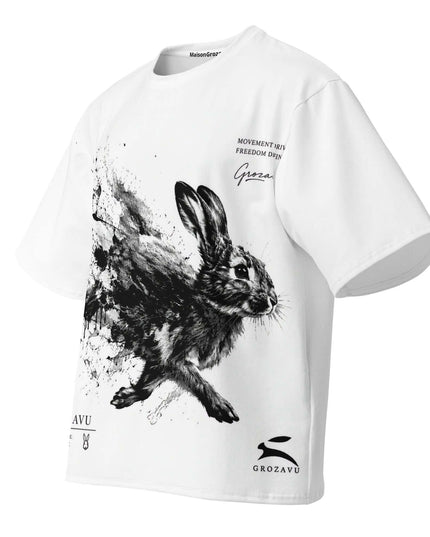 Quiet Alabaster Tee — three-quarter view showing the silhouette from the front-left angle in White