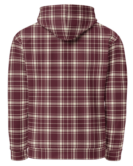 Heritage Tartan Hoodie in bordeaux and bone tartan, back view