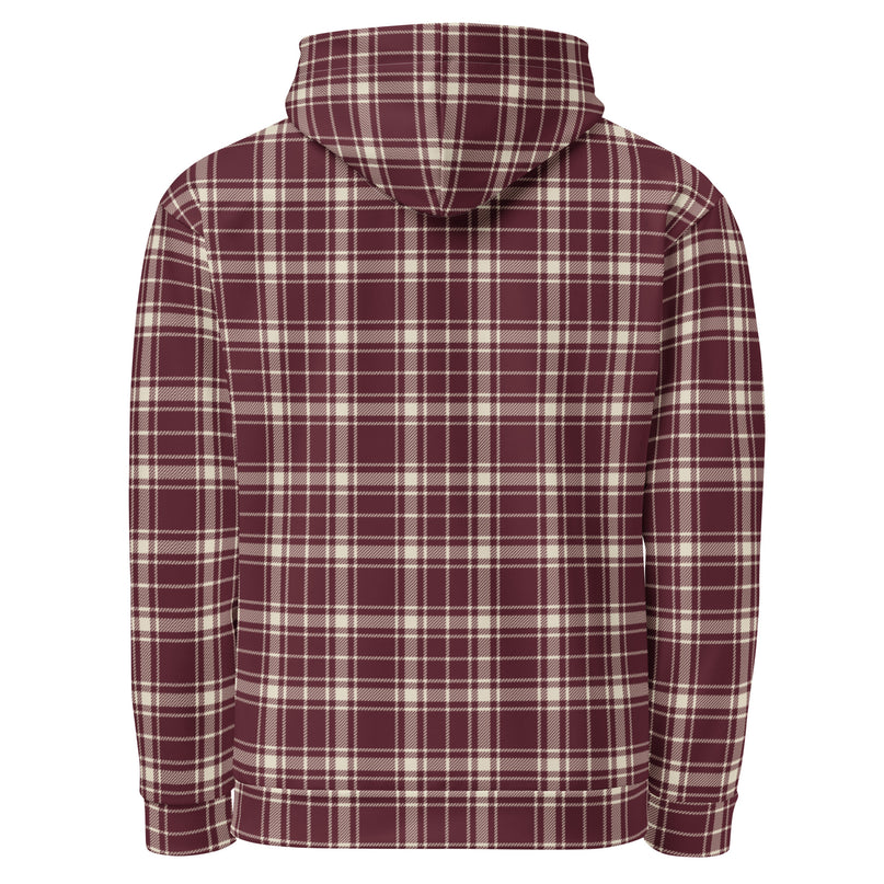 Heritage Tartan Hoodie in bordeaux and bone tartan, back view