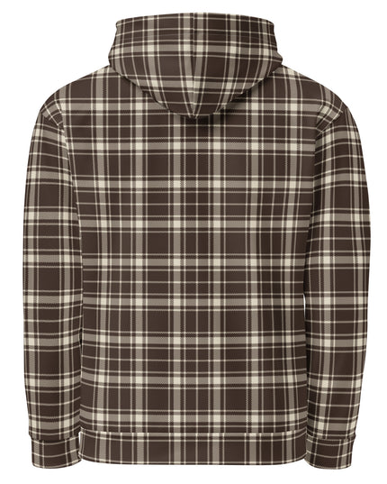 Heritage Tartan Hoodie in cocoa and bone tartan, back view