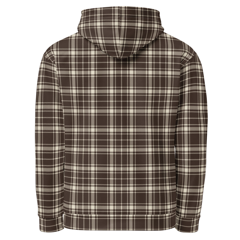 Heritage Tartan Hoodie in cocoa and bone tartan, back view