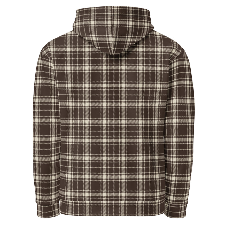 Heritage Tartan Hoodie in cocoa and bone tartan, back view