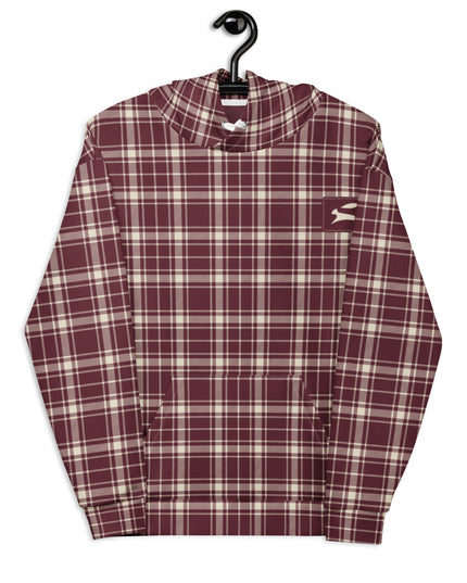 Heritage Tartan Hoodie in bordeaux and bone tartan, on a hanger